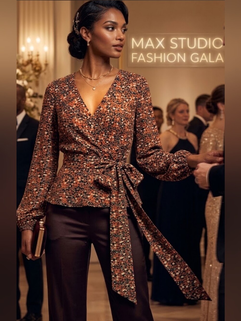 MAX STUDIO FLORAL TIE-FRONT WRAP BLOUSE